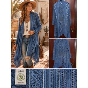This and That Mixed Floral Lace Crochet Open Front Boho Cardigan Blue Large
